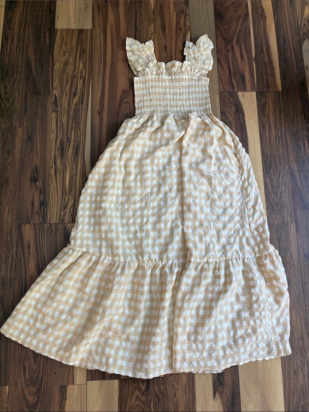 Women’s Tan Gingham Smocked Sundress
